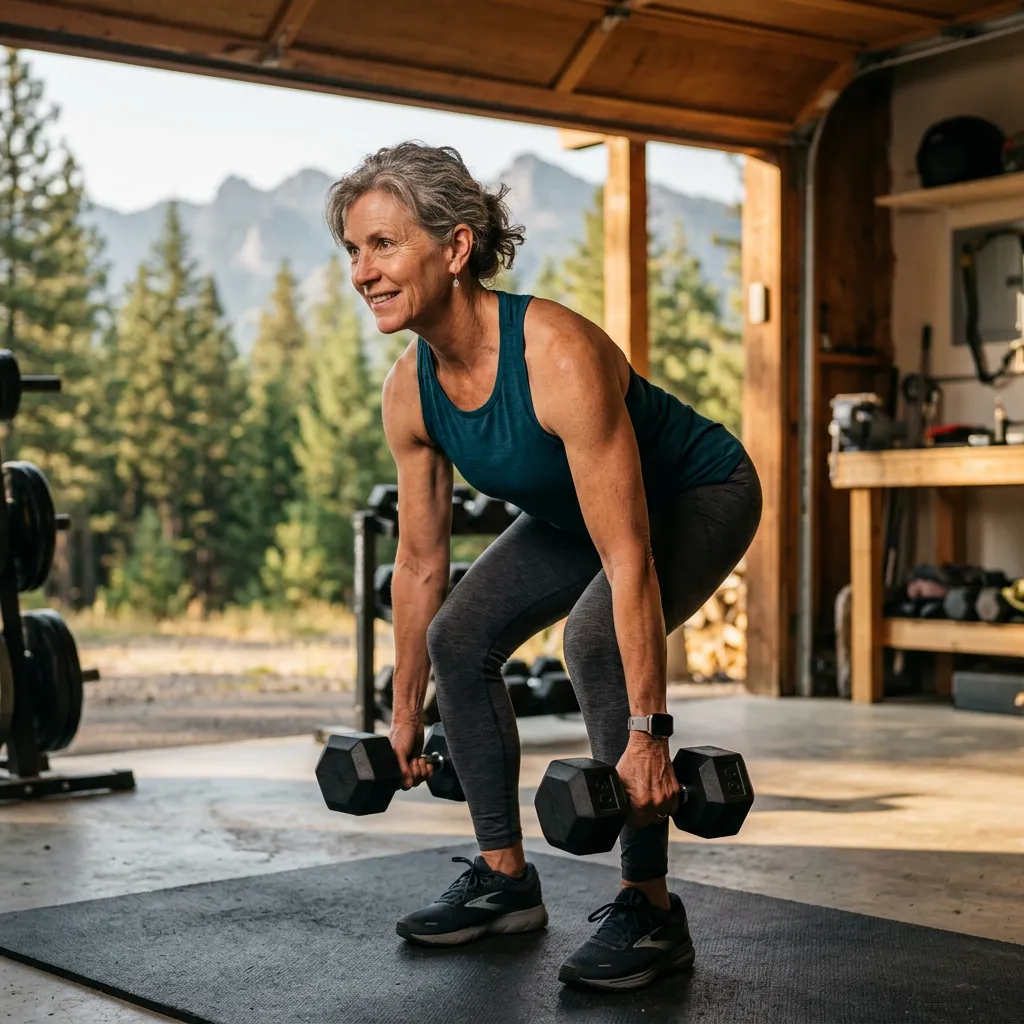 Woman in her early 60s doing a dumbbell deadlift in a home garage gym with a view of pine trees and mountains