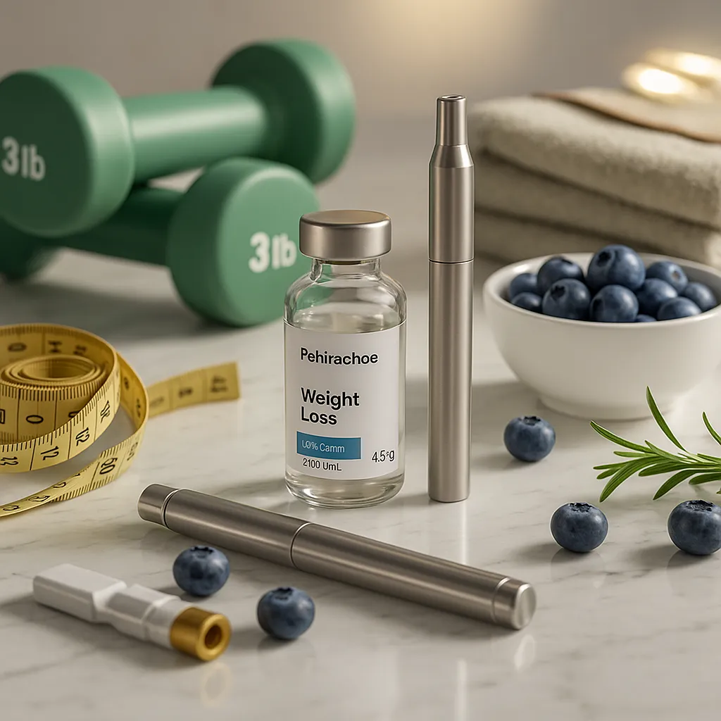 Semaglutide and tirzepatide injection pens on marble surface with healthy lifestyle elements — Prime Body Solutions medical weight loss