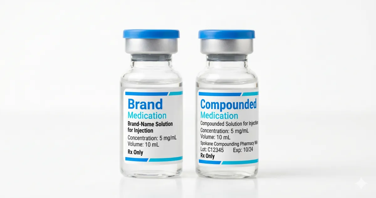 Side-by-side comparison of brand-name and compounded Tirzepatide vials.