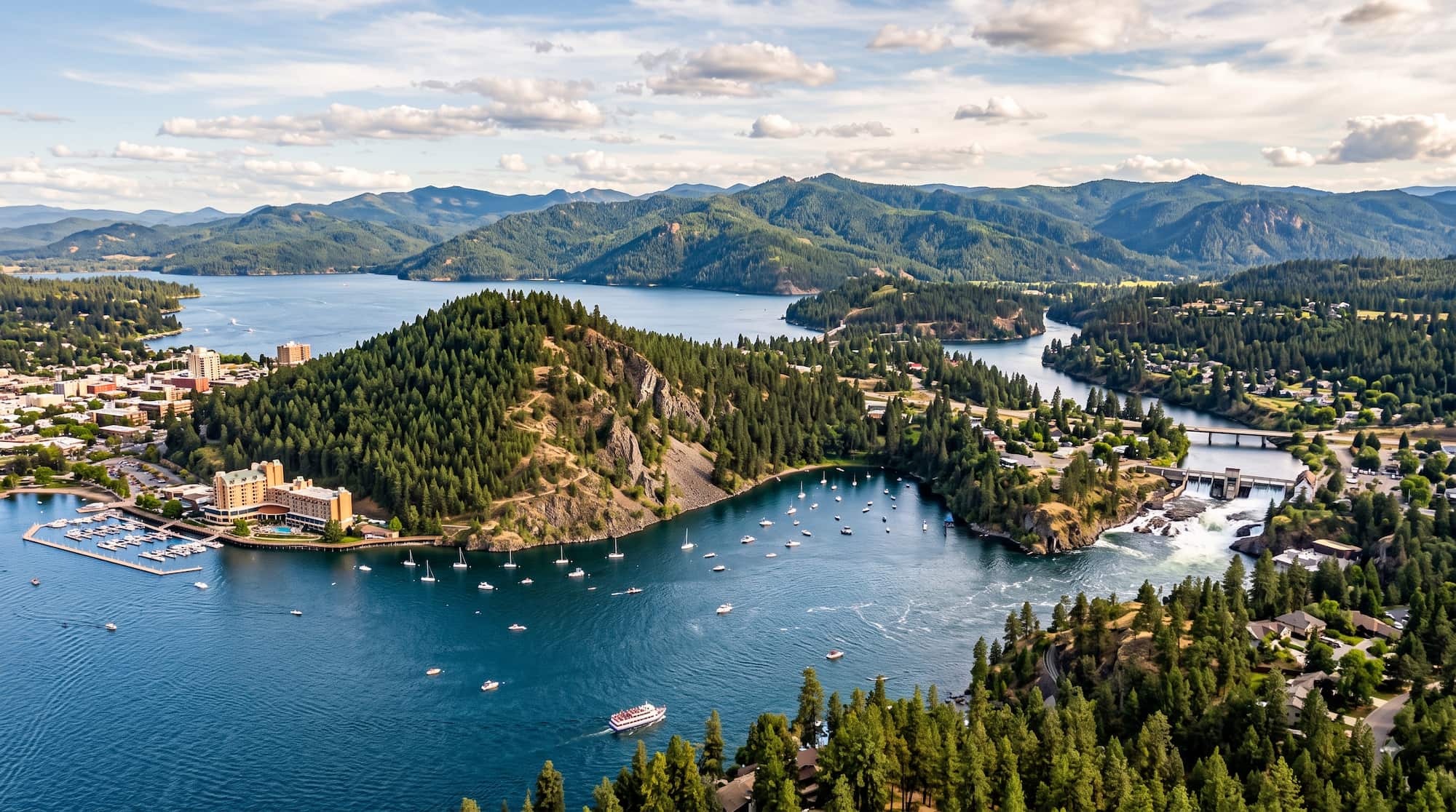 Aerial view of Coeur d'Alene lake, forested hills and mountains in the Inland Northwest