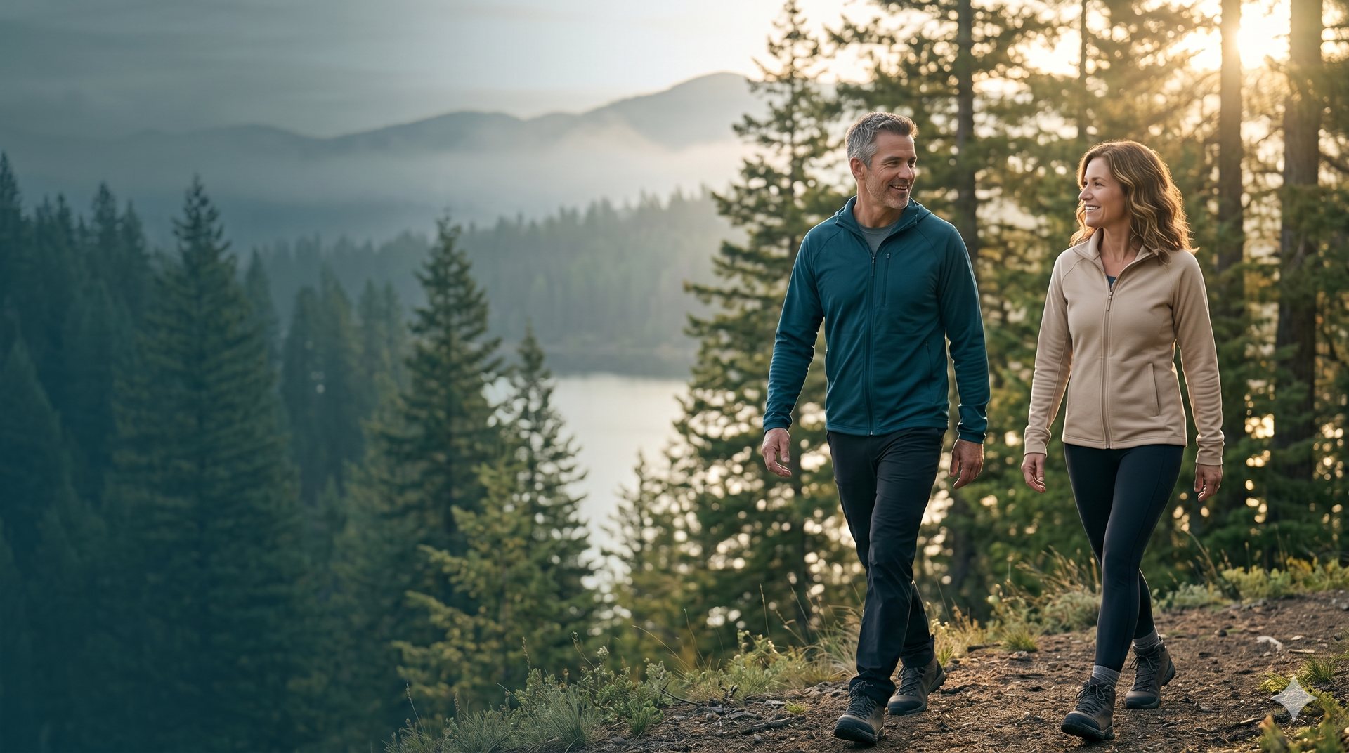 Couple in their 50s hiking a pine forest trail above a lake at golden hour in the Inland Northwest