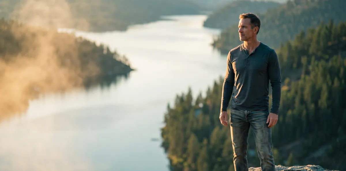 Man in his 40s standing on a rocky overlook above a river and pine forest at sunrise in the Inland Northwest