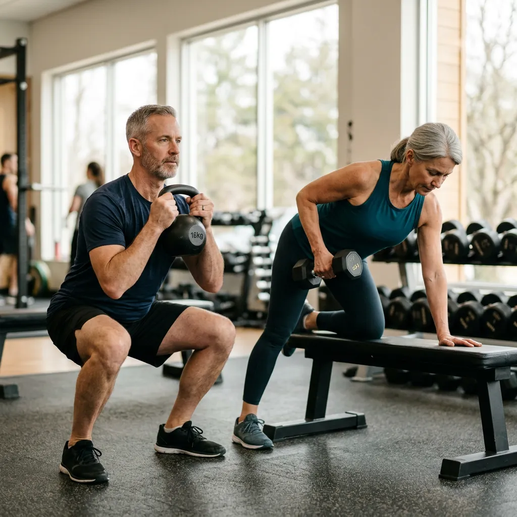 Couple in their 50s strength training in a bright gym, the man doing a kettlebell goblet squat and the woman a dumbbell row