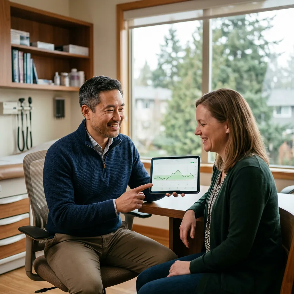 Physician reviewing a glucose trend on a tablet with a woman in her 40s in a bright Liberty Lake exam room