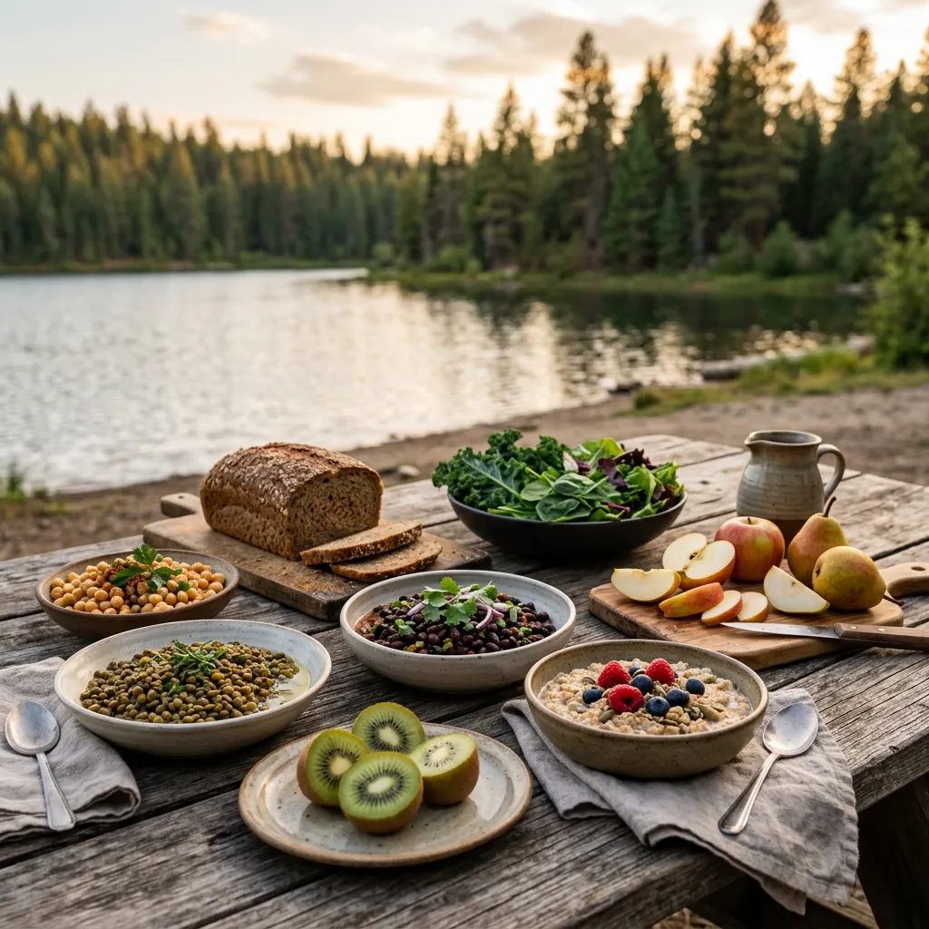 High-fiber foods including lentils, beans, chickpeas, oatmeal with raspberries, pears, apples, rye bread and kiwifruit on a lakeside table