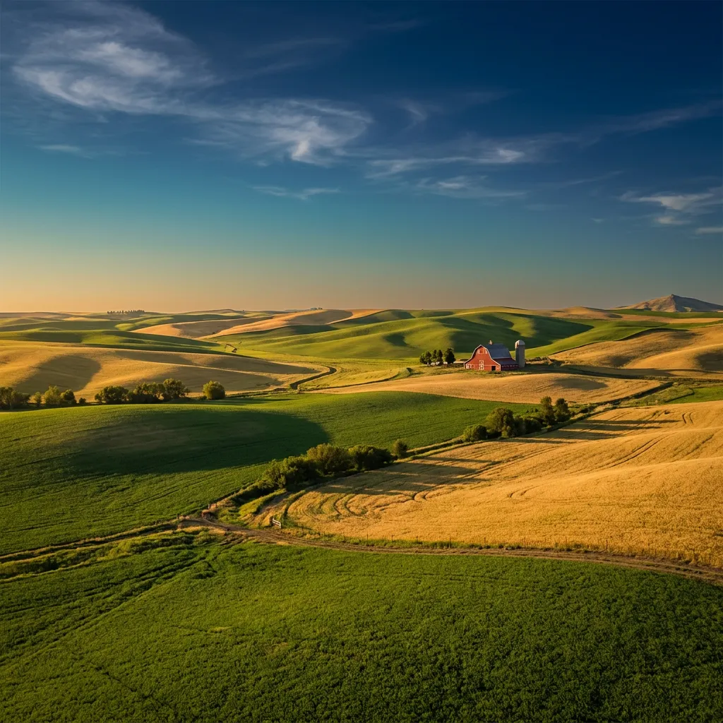 Rolling Palouse farmland of lentil and pea fields at golden hour in eastern Washington