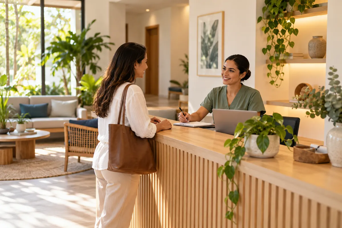 Atención administrativa en la recepción de una clínica. Escena ilustrativa generada con IA.