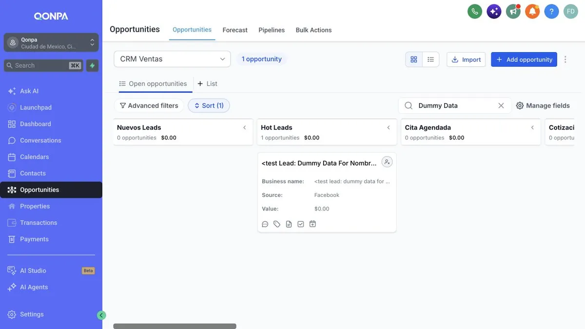 Captura real del CRM Ventas de Qonpa, filtrado para mostrar únicamente un registro de prueba. Se ven las etapas Nuevos Leads, Hot Leads, Cita Agendada y Cotización.
