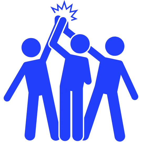 Three blue stick figures celebrating teamwork with raised hands, symbolizing unity and collaboration, reflecting the values of commitment to excellence and safety at Upspec Steel Buildings.