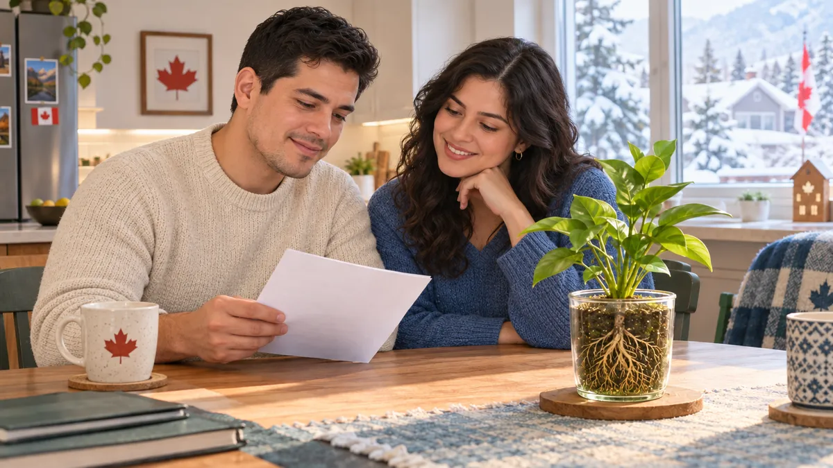 White Latino couple in Canada reviewing their financial plan at home, with a growing plant on the table representing the guaranteed growth of a participating whole life policy.