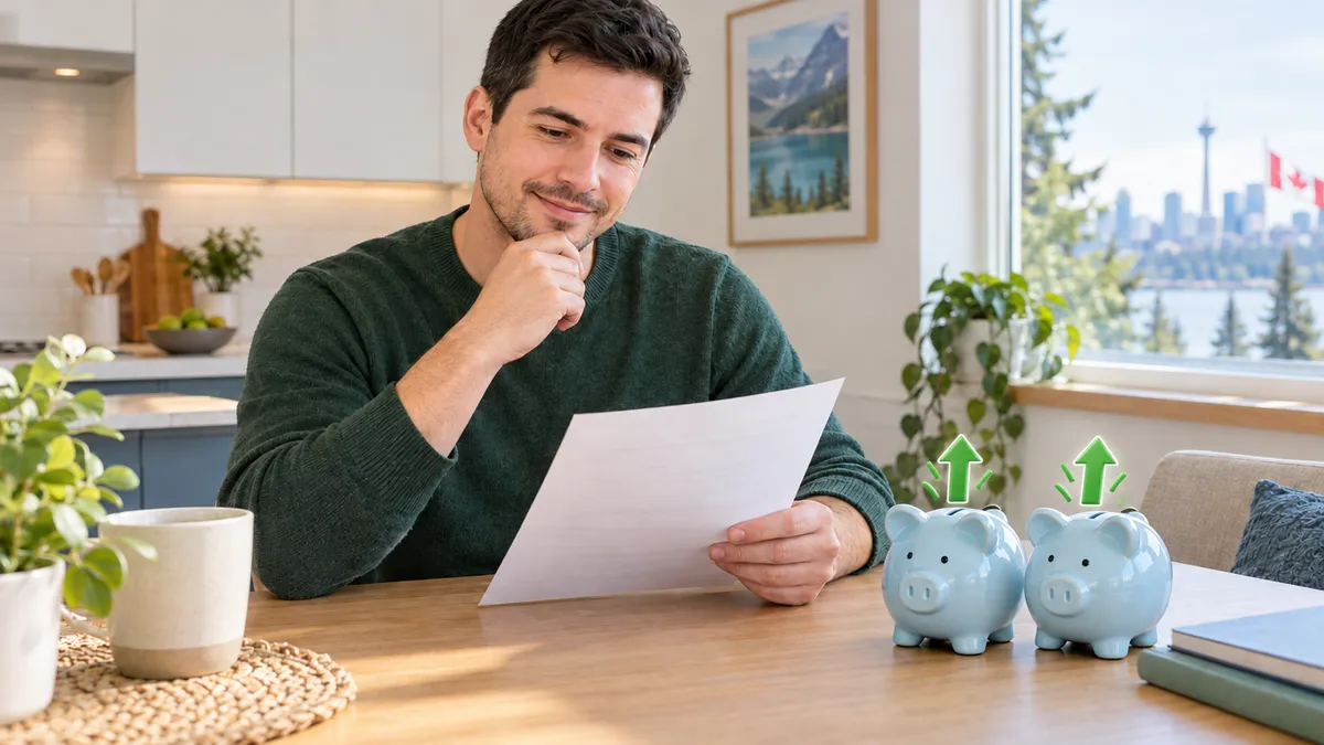White Latino man in Canada with two piggy banks on the table and green growth arrows, representing money working in two places at the same time with policy loans.