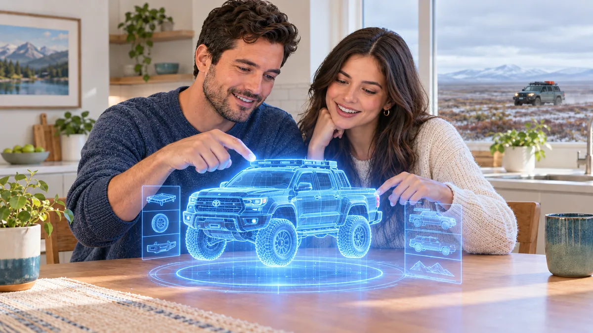 White Latino couple in Canada designing a holographic off-road truck together on their table, with the Canadian tundra visible through the window, representing building their personal banking system with a participating whole life policy.