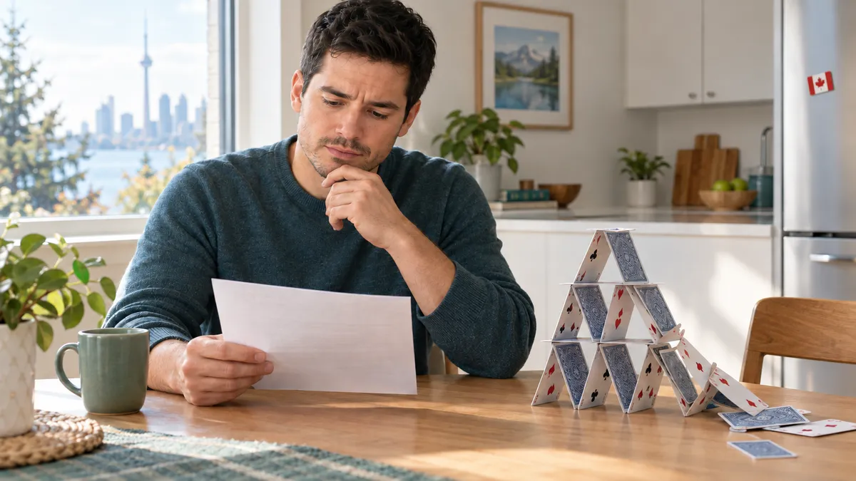 White Latino man in Canada reading a letter with concern, with a collapsing house of cards on the table and a Canadian flag magnet on the fridge in the background, representing the hidden danger of Universal Life UL policies in Canada.