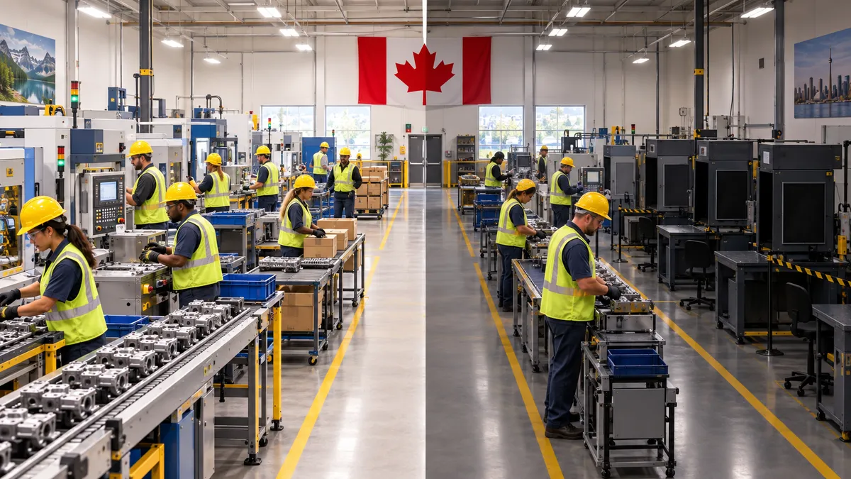 Inside a Canadian factory with ten active workers on one side and four shut-down stations on the other, representing the difference between borrowing and withdrawing money from your whole life policy.