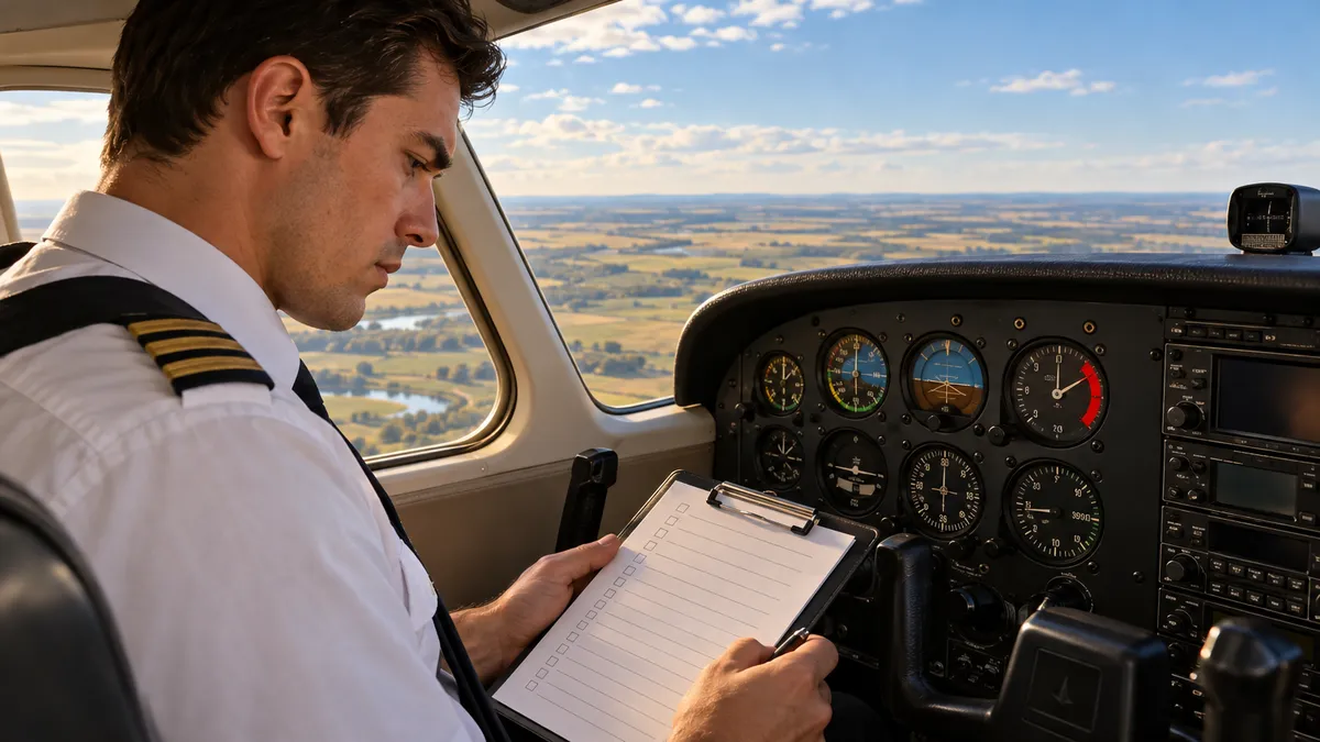 White Latino pilot reviewing his pre-flight checklist in an airplane cockpit over Canada, with a gauge in the red zone, representing the 6 critical mistakes when building your own personal banking system.