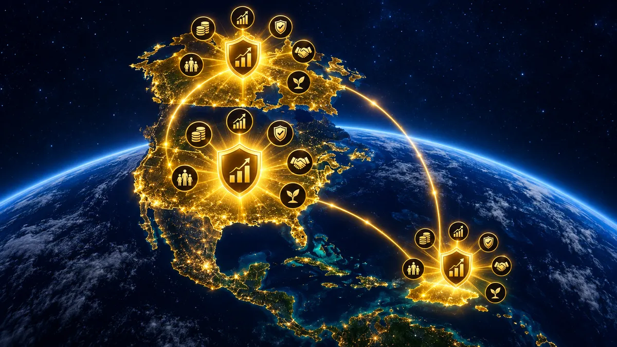 View of North America from space with Canada, United States and Puerto Rico glowing in gold and connected by arcs of light, representing the three territories where you can implement your Personal Banking System.