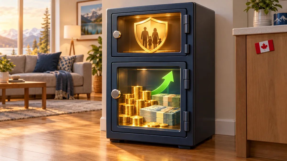Modern safe with two compartments, one with accessible capital today and another with guaranteed family protection, representing the cash value and death benefit of a whole life policy in infinite banking in Canada.
