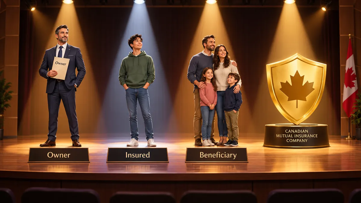 Theater stage with four characters under spotlights representing the four main roles of a whole life policy: the owner, the insured, the beneficiary, and the Canadian mutual insurer.