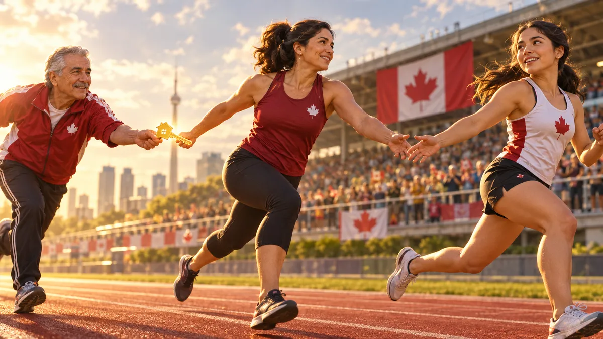 Three generations of a light-skinned Latino family in a relay race passing a golden baton, with a Canadian flag in the background, representing how infinite banking in Canada builds a generational financial legacy.