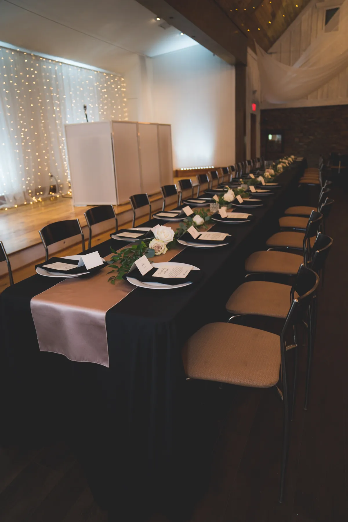 Wedding reception place settings with menu cards at The Silo Event Center in Tulsa, Oklahoma, where wedding menu dietary restrictions are planned