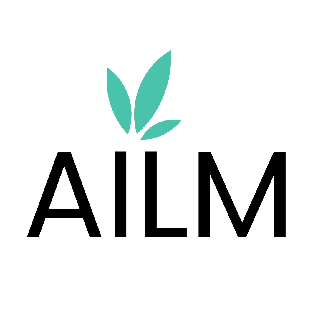Ailm Logo Dark Blue Letters with Teal Leaf
