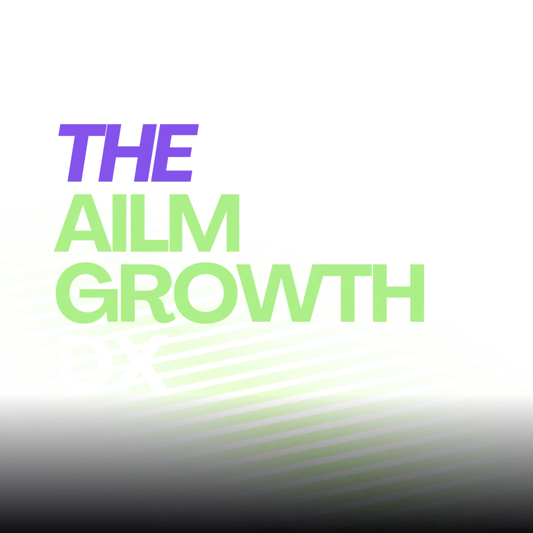 The Ailm Growth DX Spelled out in large multicolored letters with textured background