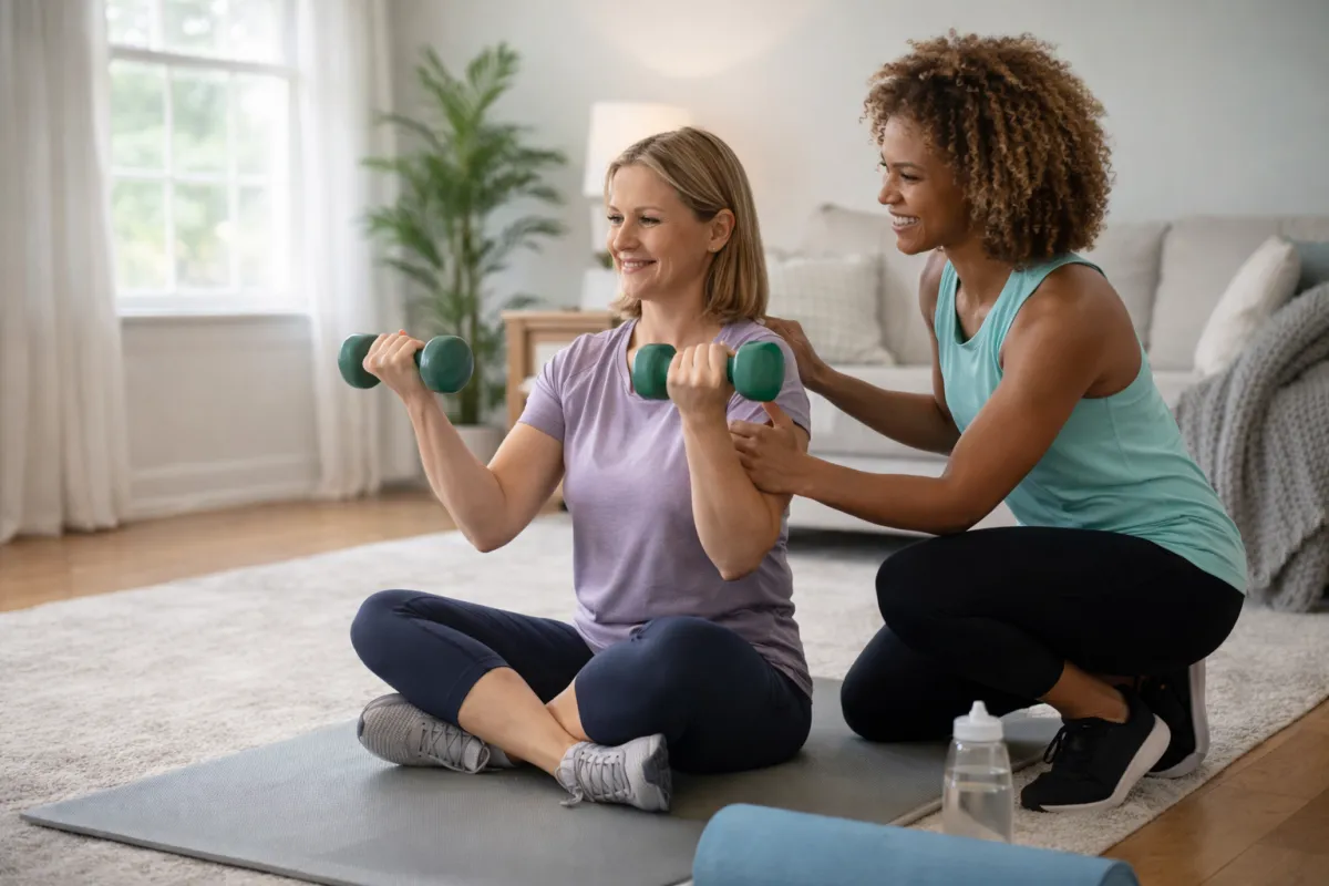 Women doing a fun home workout together with a personal trainer