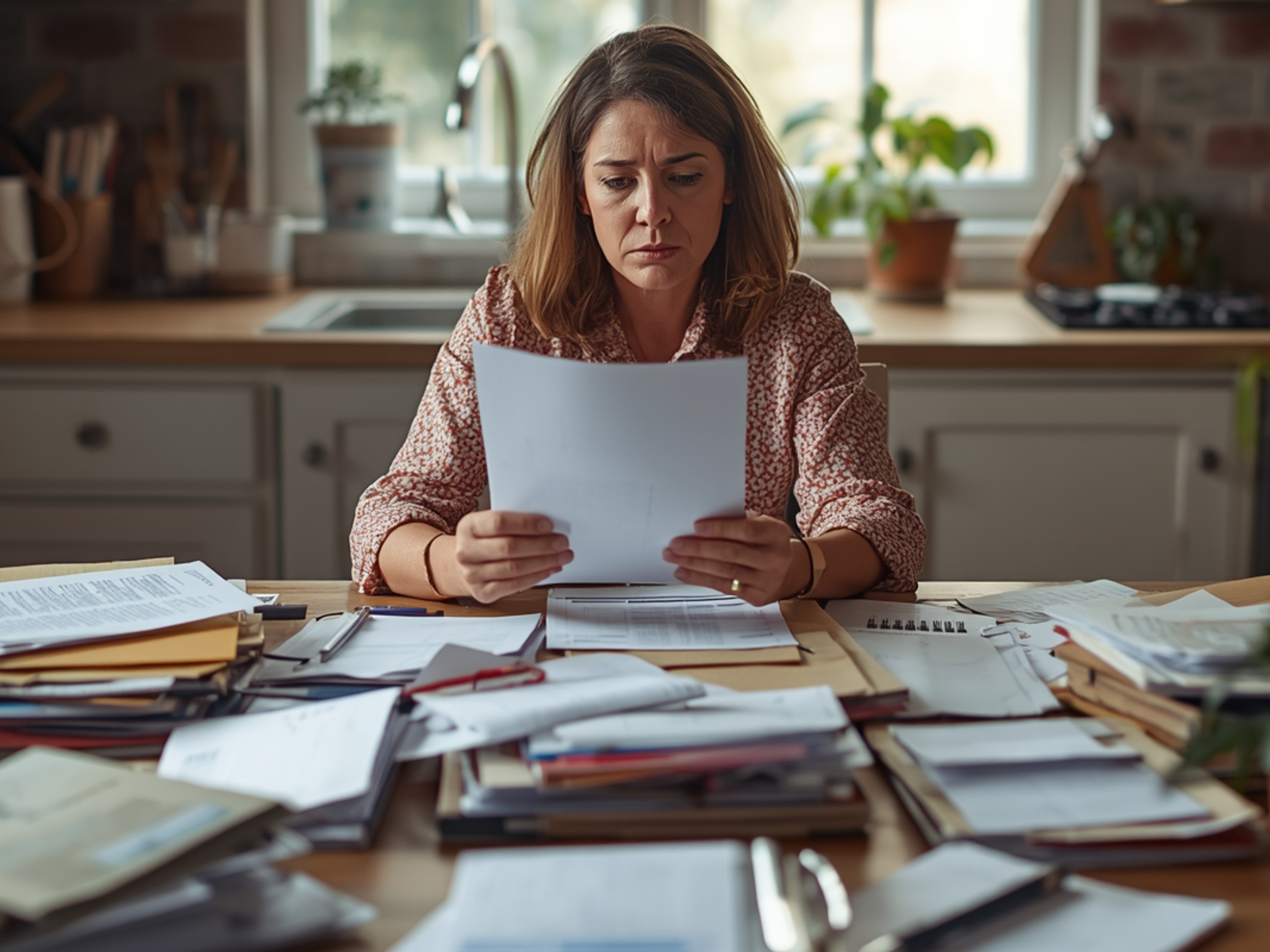 A woman surrounded by scattered documents and folders looking confused and overwhelmed — the reality families face without a Legacy Asset Locator