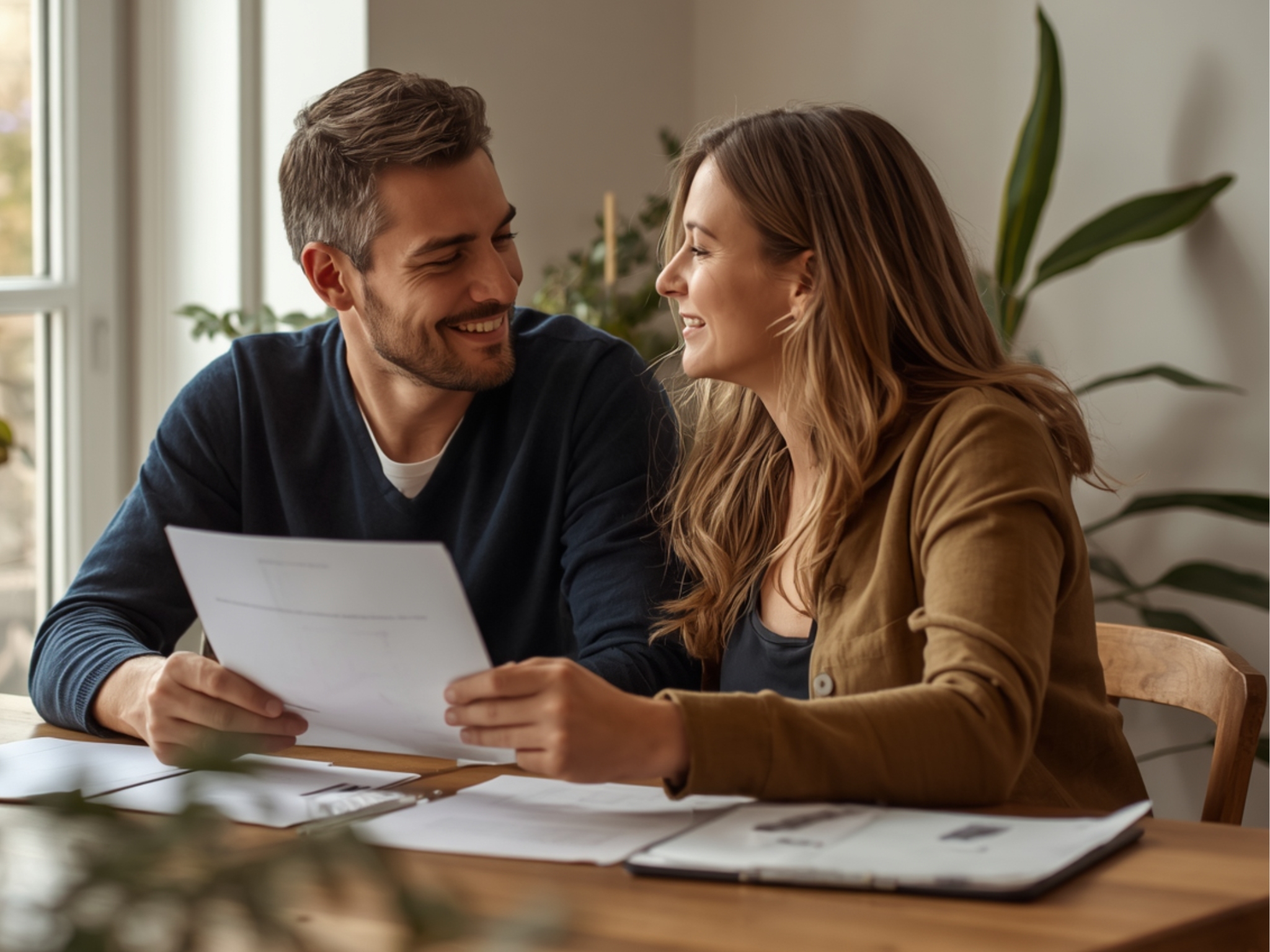 A couple calmly reviewing organised documents together at home — the peace of mind that comes from having a Legacy Asset Locator in place