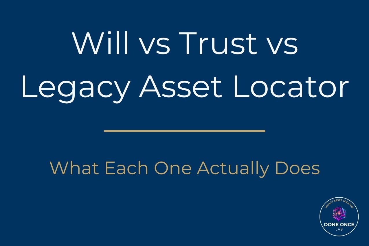 Will vs Trust vs Legacy Asset Locator — estate planning guide by Done Once Lab