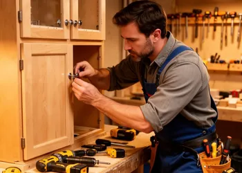 Professional handyman installing cabinet hardware in residential kitchen
