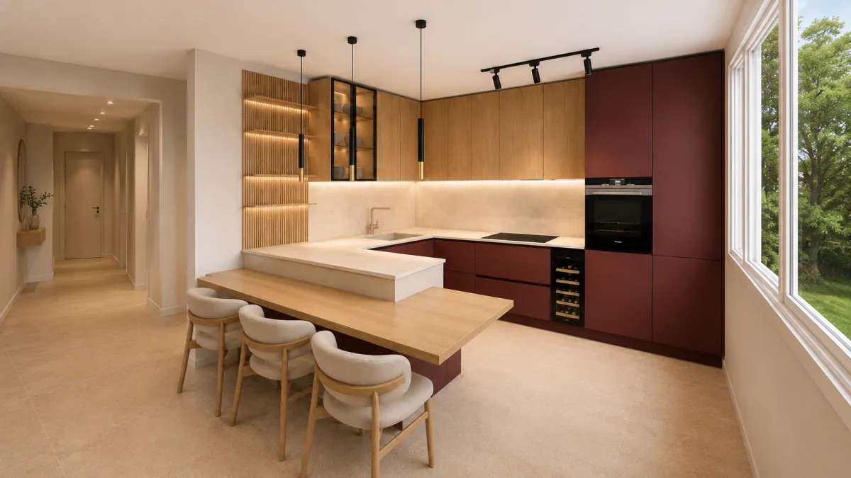 Cucina ad angolo legno e borgogna 16m2