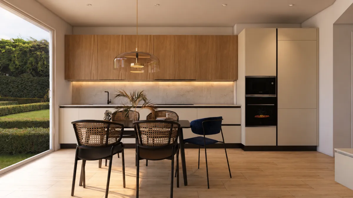 Progetto open space con travi cucina e soggiorno 48m2