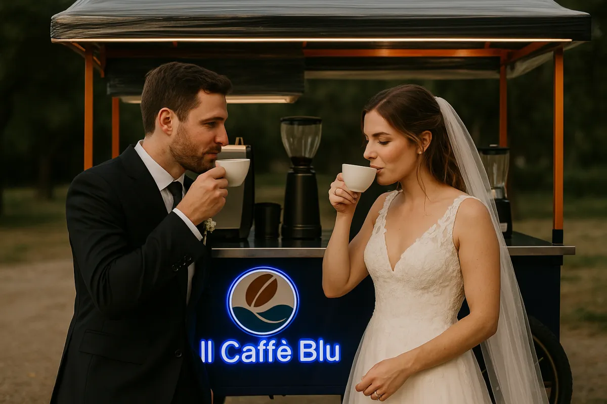 Il Caffè Blu mobile coffee bar at a sunset wedding.