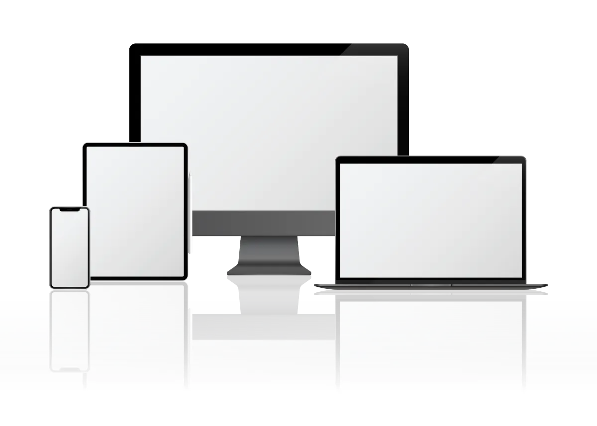 Personas de diferentes edades usando laptop, tablet y móvil en una oficina moderna, luz natural, ambiente colaborativo, estilo realista, composición horizontal, fondo desenfocado