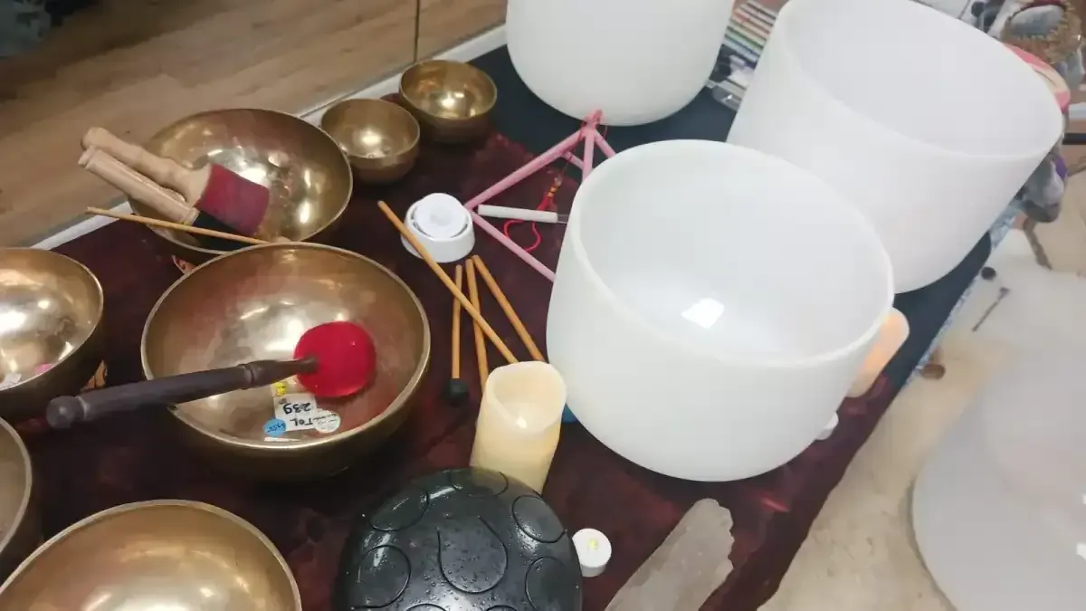 Sound healing instruments, including bowls.