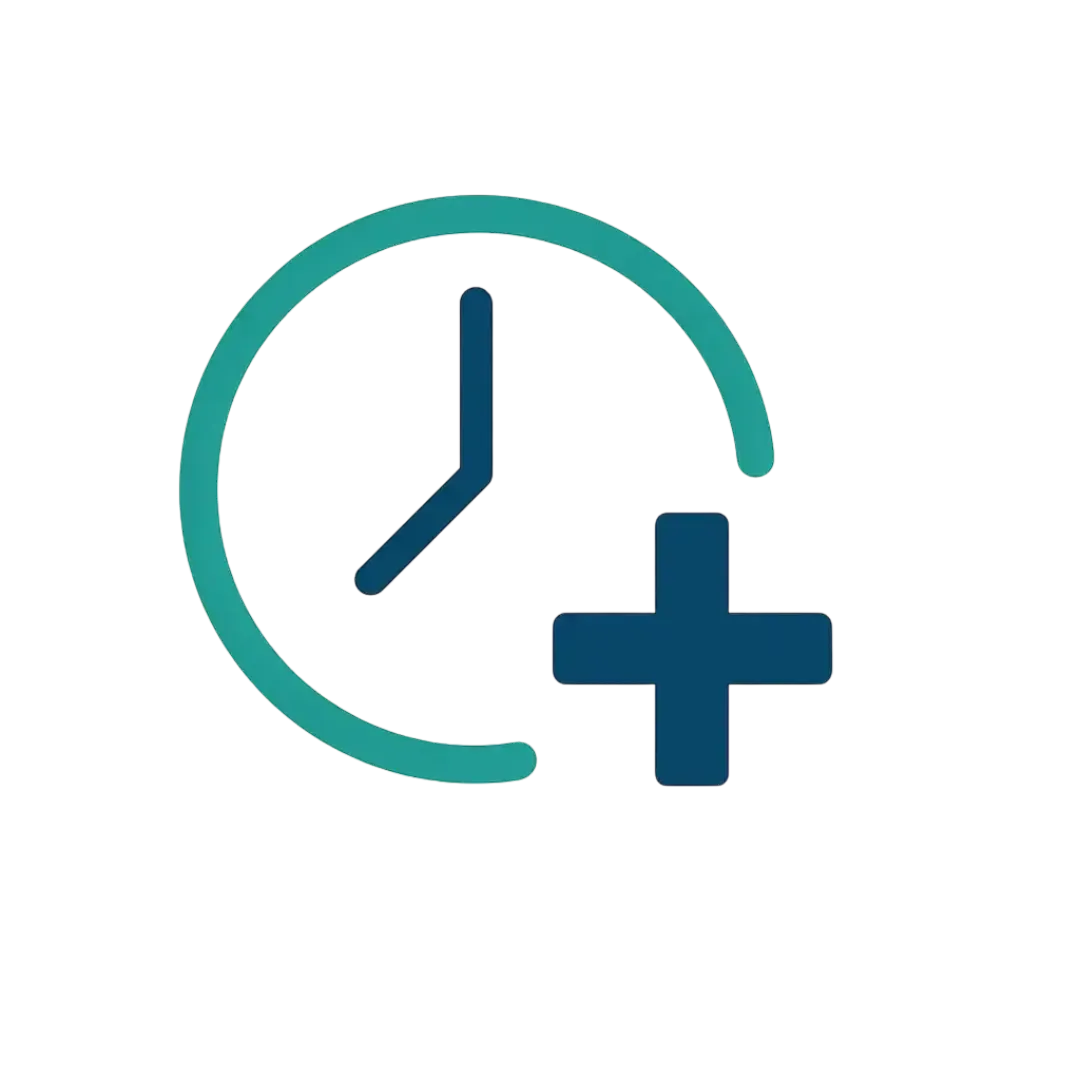 Clock with plus sign icon in teal and deep blue representing faster recovery and improved safety at Las Vegas Intensive and Pulmonary Specialists in Henderson NV