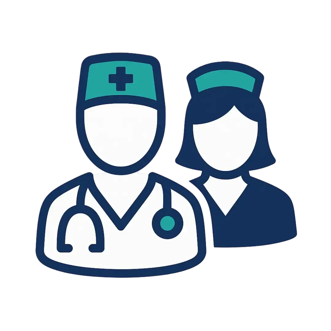 Flat vector icon of a doctor and nurse side by side in navy and teal representing collaborative care approach at Las Vegas Intensive and Pulmonary Specialists in Henderson NV