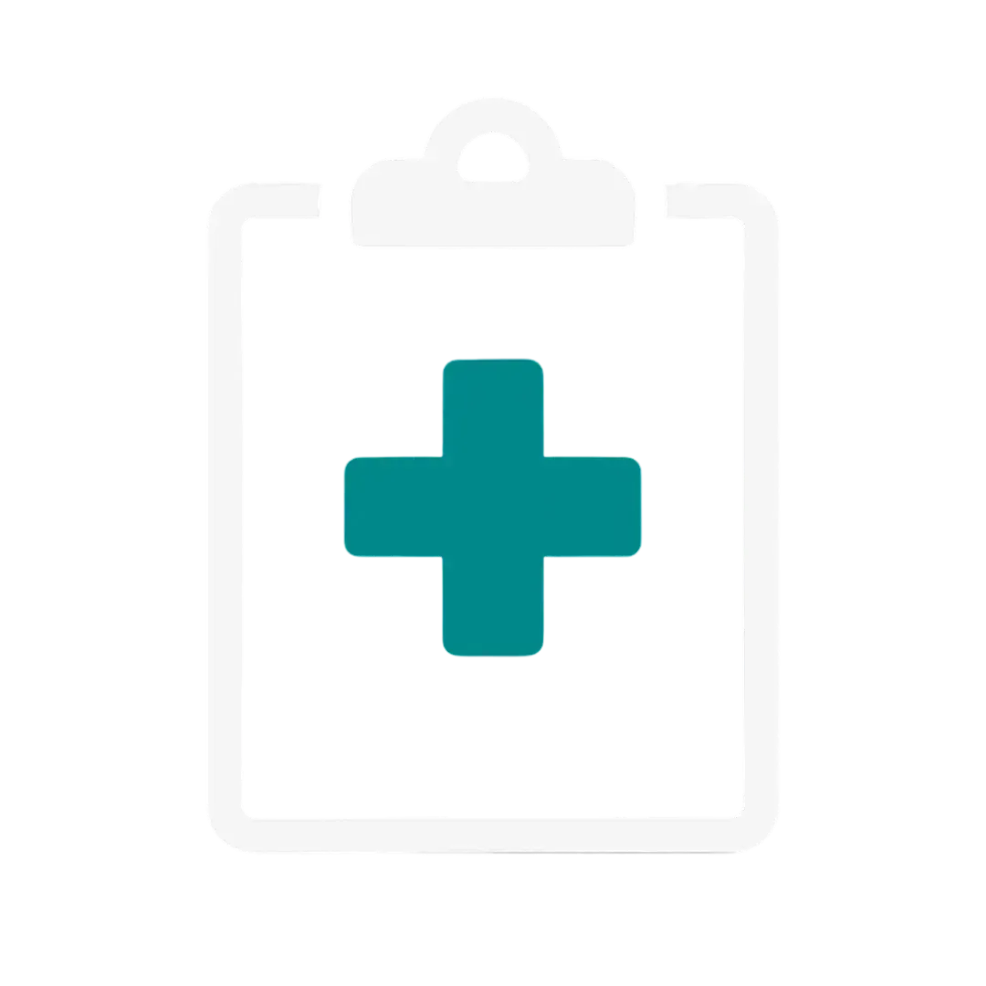 Flat vector icon of a medical clipboard with cross in navy and teal representing hospital rounds and continuity of care at Las Vegas Intensive and Pulmonary Specialists in Henderson NV