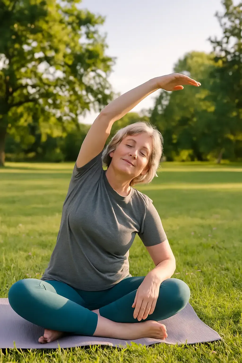 Middle aged woman practicing yoga and stretching outdoors in a park symbolizing calm breathing improved lung health and recovery through personalized pulmonary care at Las Vegas Intensive and Pulmonary Specialists in Henderson NV