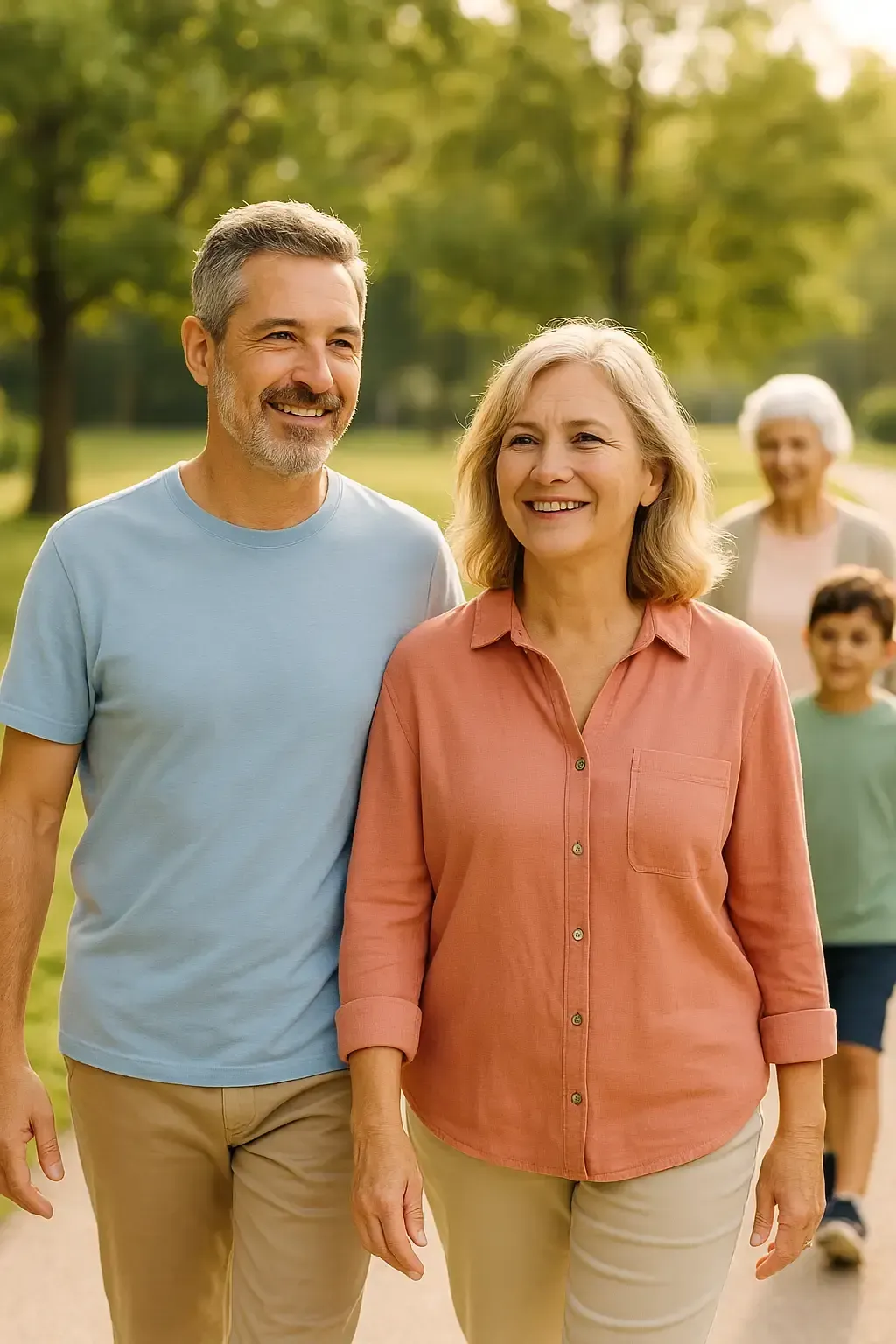 Middle aged couple walking outdoors with family in a scenic park symbolizing restored health and quality of life after pulmonary care at Las Vegas Intensive and Pulmonary Specialists in Henderson NV