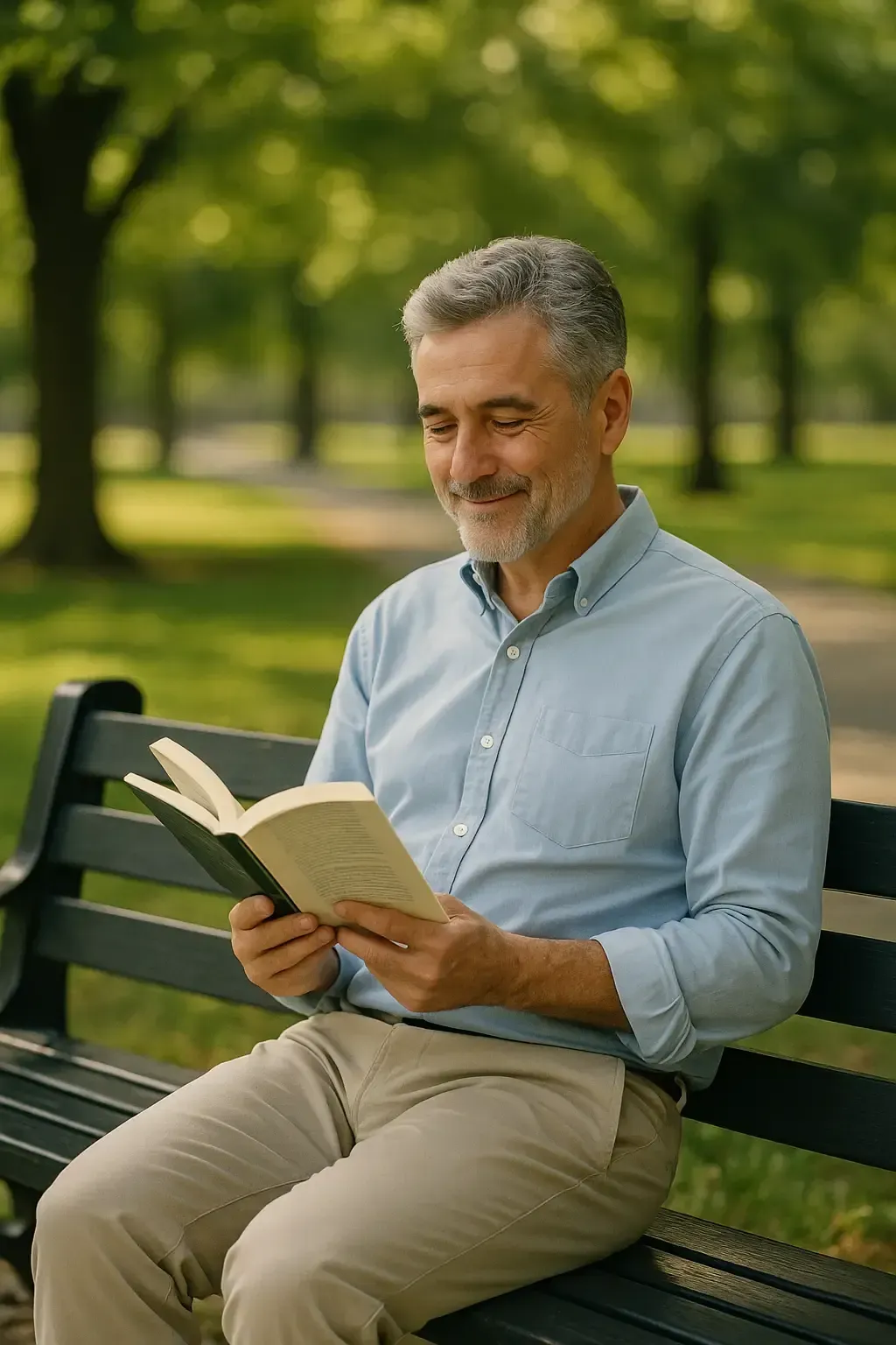 Middle aged man sitting on a park bench reading a book relaxed and breathing easy symbolizing peaceful recovery and improved lung health at Las Vegas Intensive and Pulmonary Specialists Henderson NV