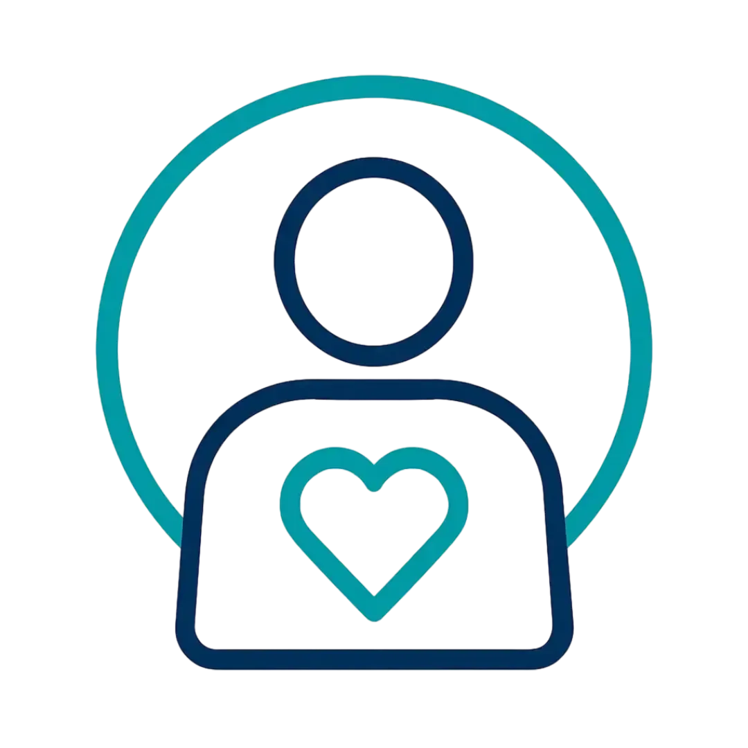 Minimalist icon of a person with a heart in navy and teal colors symbolizing personalized treatment plans and patient centered care at Las Vegas Intensive and Pulmonary Specialists Henderson NV.