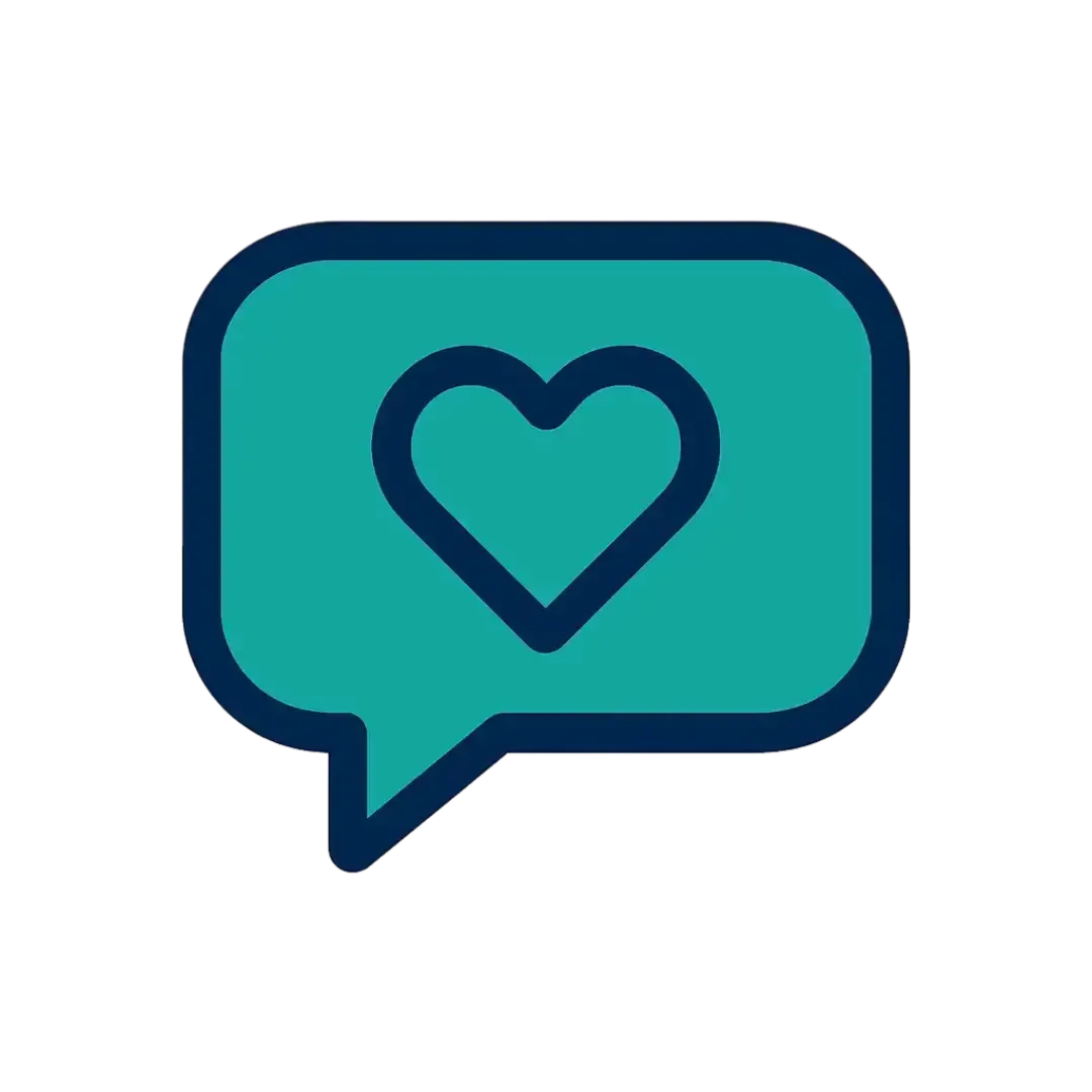 Speech bubble with a heart icon in teal and navy colors symbolizing empathy transparency and compassionate communication at Las Vegas Intensive and Pulmonary Specialists Henderson NV.