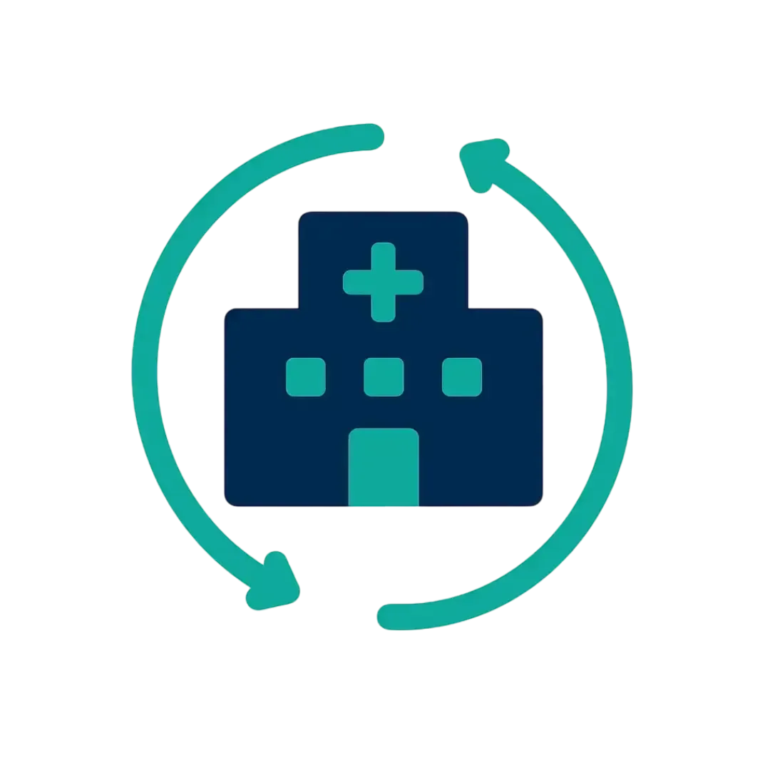 Hospital building with connecting arrows icon in teal and navy brand colors representing seamless care coordination from outpatient to hospital at Las Vegas Intensive and Pulmonary Specialists Henderson NV.