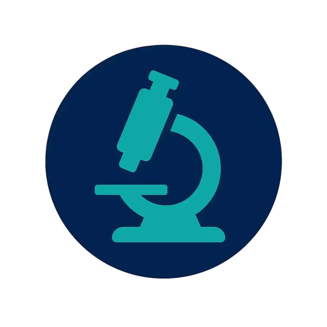 Microscope icon in teal and navy brand colors representing advanced diagnostics and cutting edge respiratory care at Las Vegas Intensive and Pulmonary Specialists Henderson NV.