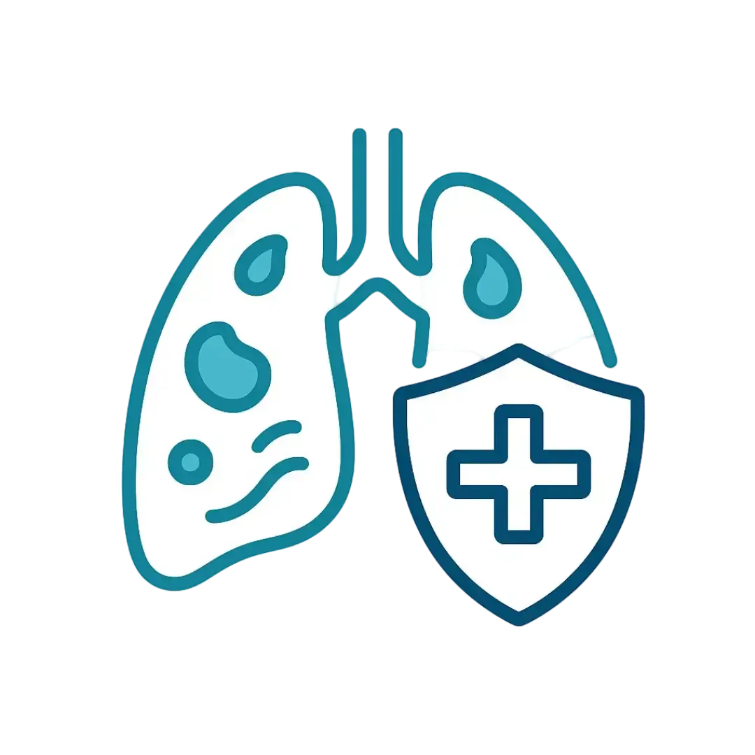 Icon showing stylized lungs with inflamed infection areas and a medical cross representing pneumonia and acute respiratory care at Las Vegas Intensive and Pulmonary Specialists