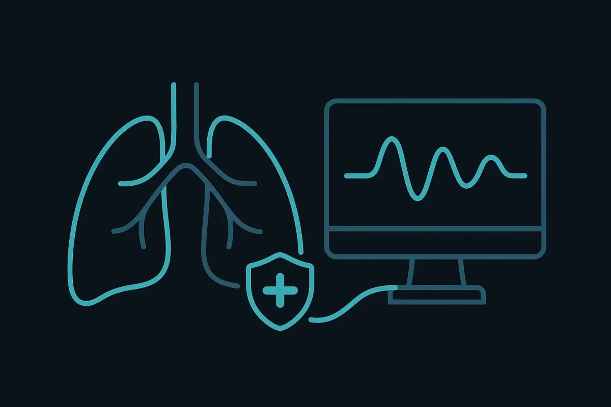 Horizontal illustration of stylized lungs connected to a diagnostic monitor on a black background representing pulmonary function testing, EBUS, and ION robotic bronchoscopy at Las Vegas Intensive and Pulmonary Specialists