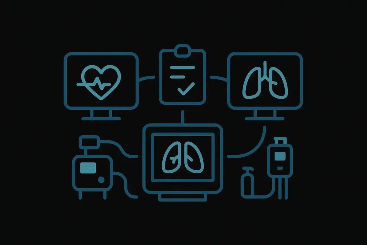 Editorial illustration showing connected ICU monitors, ventilator, and shared digital care workstation representing collaborative critical care at Las Vegas Intensive and Pulmonary Specialists, no people