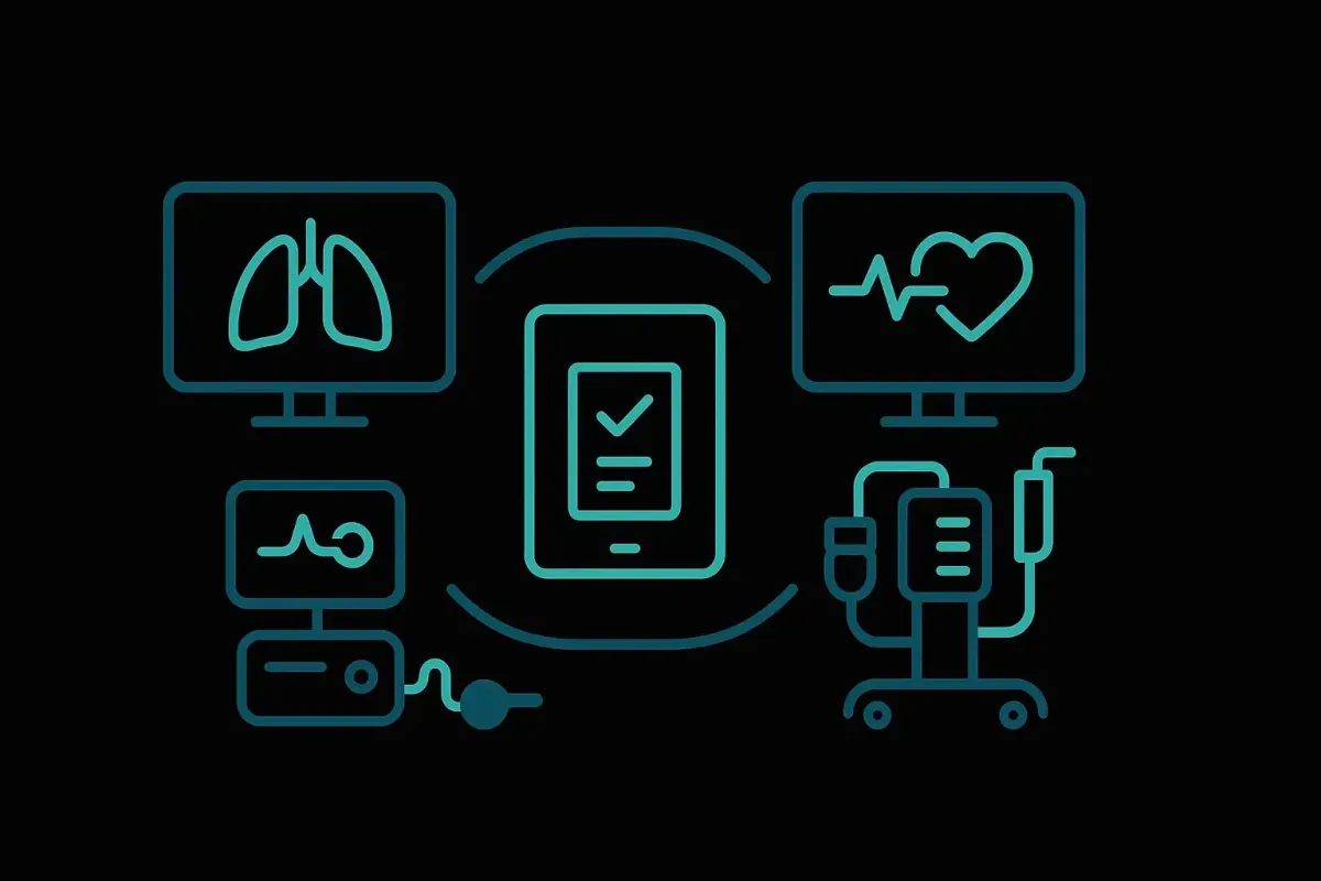 Minimalist icon style illustration on a black background showing connected ICU monitor icons, shared digital care chart, ventilator and infusion pump symbols representing collaborative critical care at Las Vegas Intensive and Pulmonary Specialists, no people